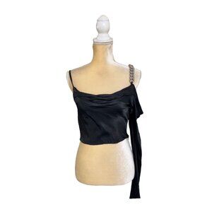 Zara Asymmetric Chain Strap Top Size M Medium Black One Sleeve Satin